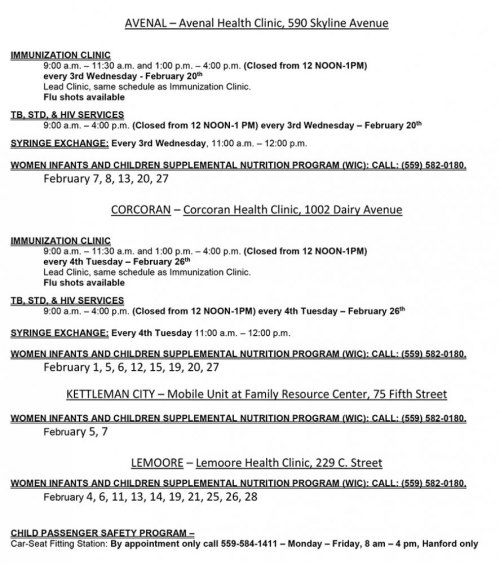 Kings County Health Department releases its clinic schedules for February, 2019